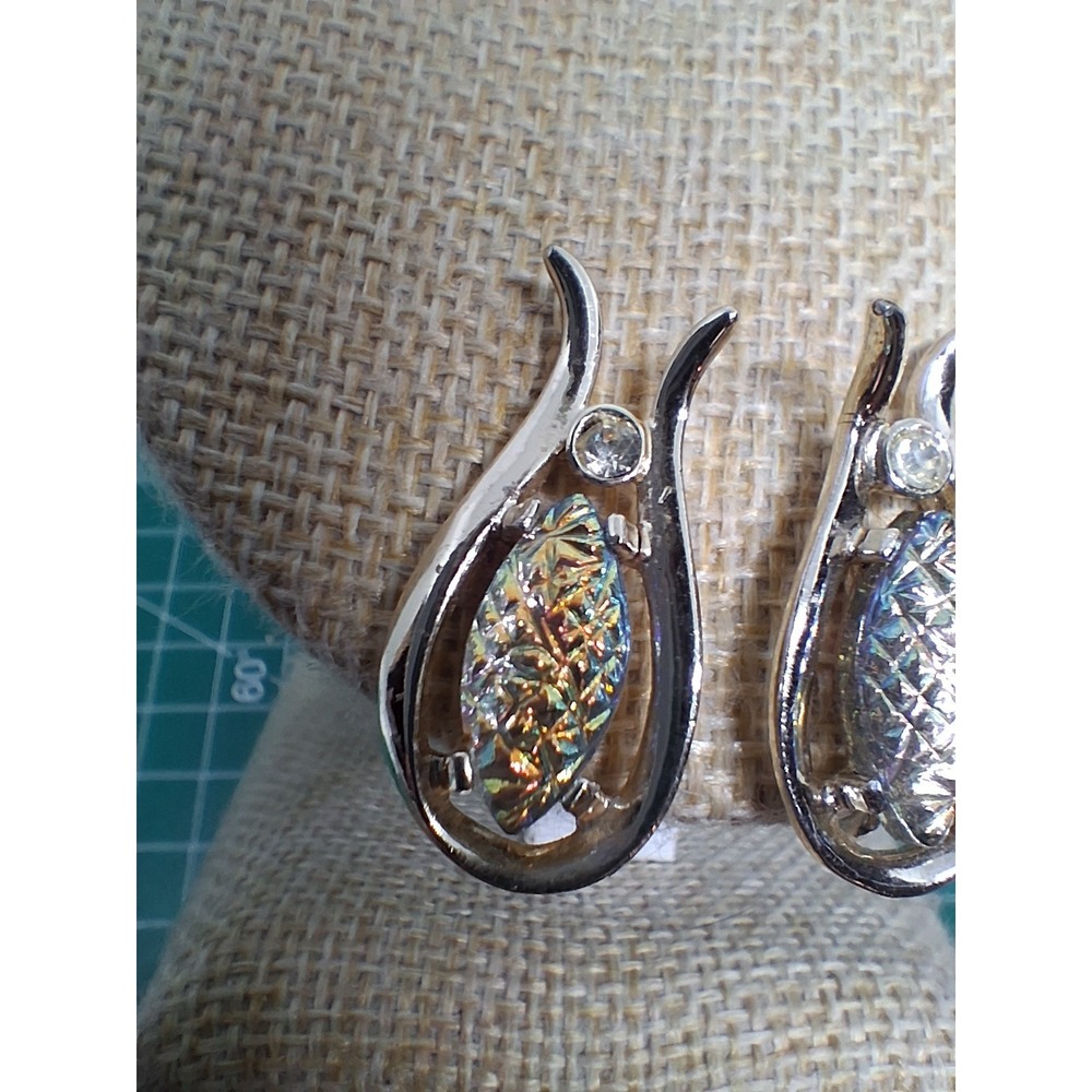 Vintage Emmons Aurora Borealis Earrings Clip 1950s Rhinestone Accent Swirl